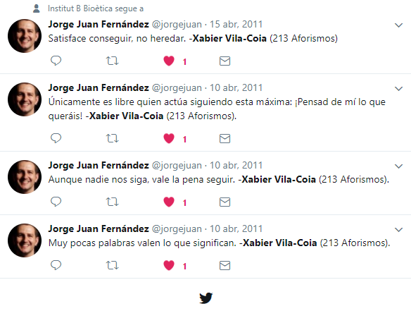 Citas en Twitter, en la cuenta de Jorge Juan Fernández, del libro de Xabier Vila-Coia titulado "213 Aforistmos para el siglo veintiuno".