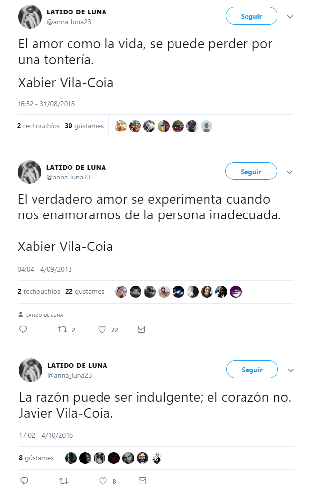 Citas en la cuenta de Twitter de Anna Luna del libro de Xabier Vila-Coia, "213 Aforistmos para el siglo veintiuno".