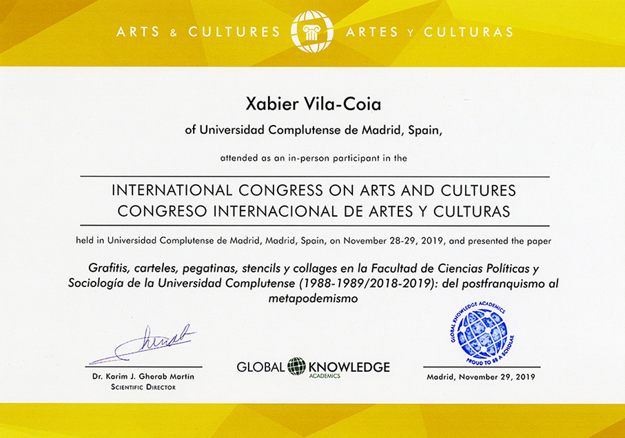 Diploma de participación como ponente de Xabier Vila-Coia en el Congreso Internacional de Artes y Culturas