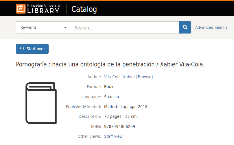Catalogación del libro de Xabier Vila-Coia, "Pornografía. Hacia una ontología de la penetración", en la biblioteca de la Princeton University
