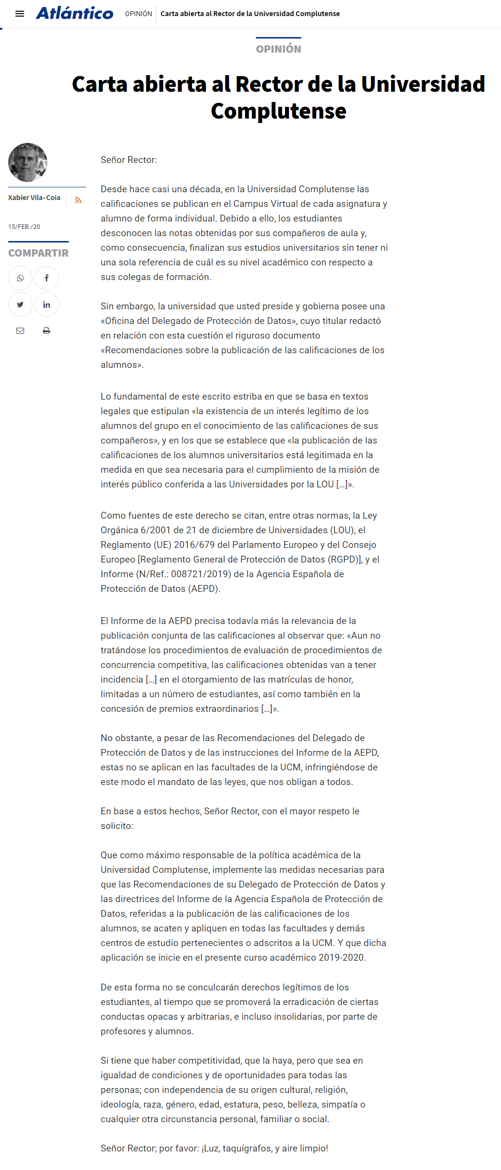 Carta abierta de Xabier Vila-Coia al Rector de la Universidad Complutense de Madrid. Publicada en El Correo Gallego el 16 de febrero de 2020, y en otros diarios.
