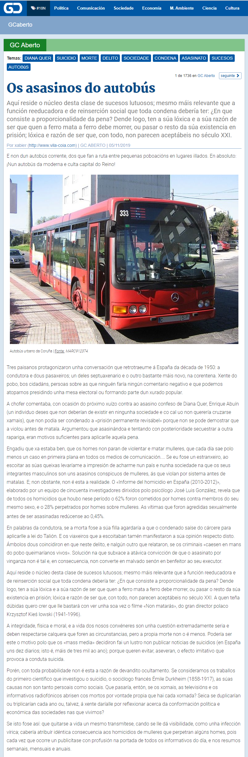 Artigo de Xabier Vila-Coia titulado "Os asasinos do autobús", publicado o día 5 do mes de Santos de 2019 no xornal dixital en galego "Galicia Confidencial".