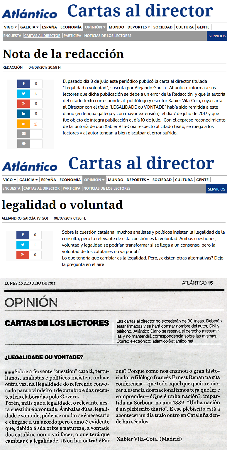 Cartas al Director de Atlántico Diario en relación con el plagio de su carta al director a este mismo diario de fechas 8 y 10 de julio y4 de agosto de 2017.