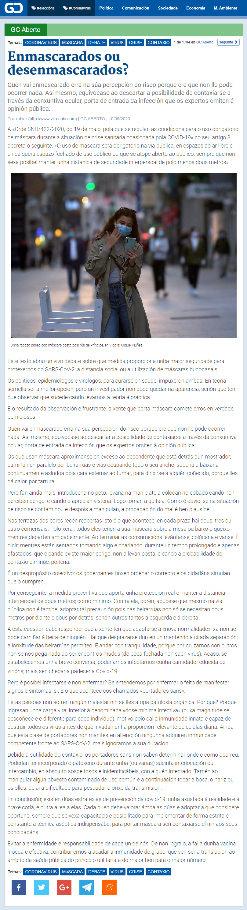 Artigo de opinión de Xabier Vila-Coia titulado "Enmascarados ou desenmascarados?", publicado no xornal dixital en galego "Galicia Confidencial" o 10 de xuño do 2020.