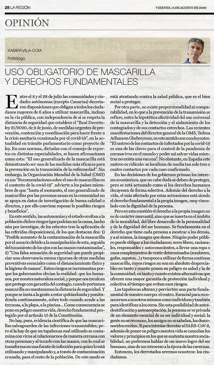 Artículo de Xabier Vila-Coia titulado "Uso obligatorio de mascarilla y derechos fundamentales", publicado en el diario La Región del 14 de agosto de 2020, y en El Correo Gallego el día 23.